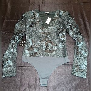 Express Lace Embroidered V-Neck Long Sleeve Thong Bodysuit